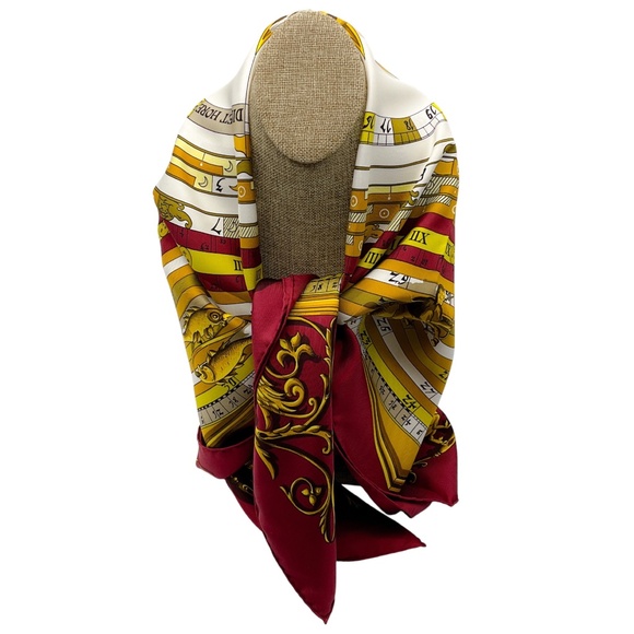 HERMES BURGUNDY / GOLD MULTI DIES ET HORE PRINT SQUARE SILK TWILL SCARF - Picture 4 of 9